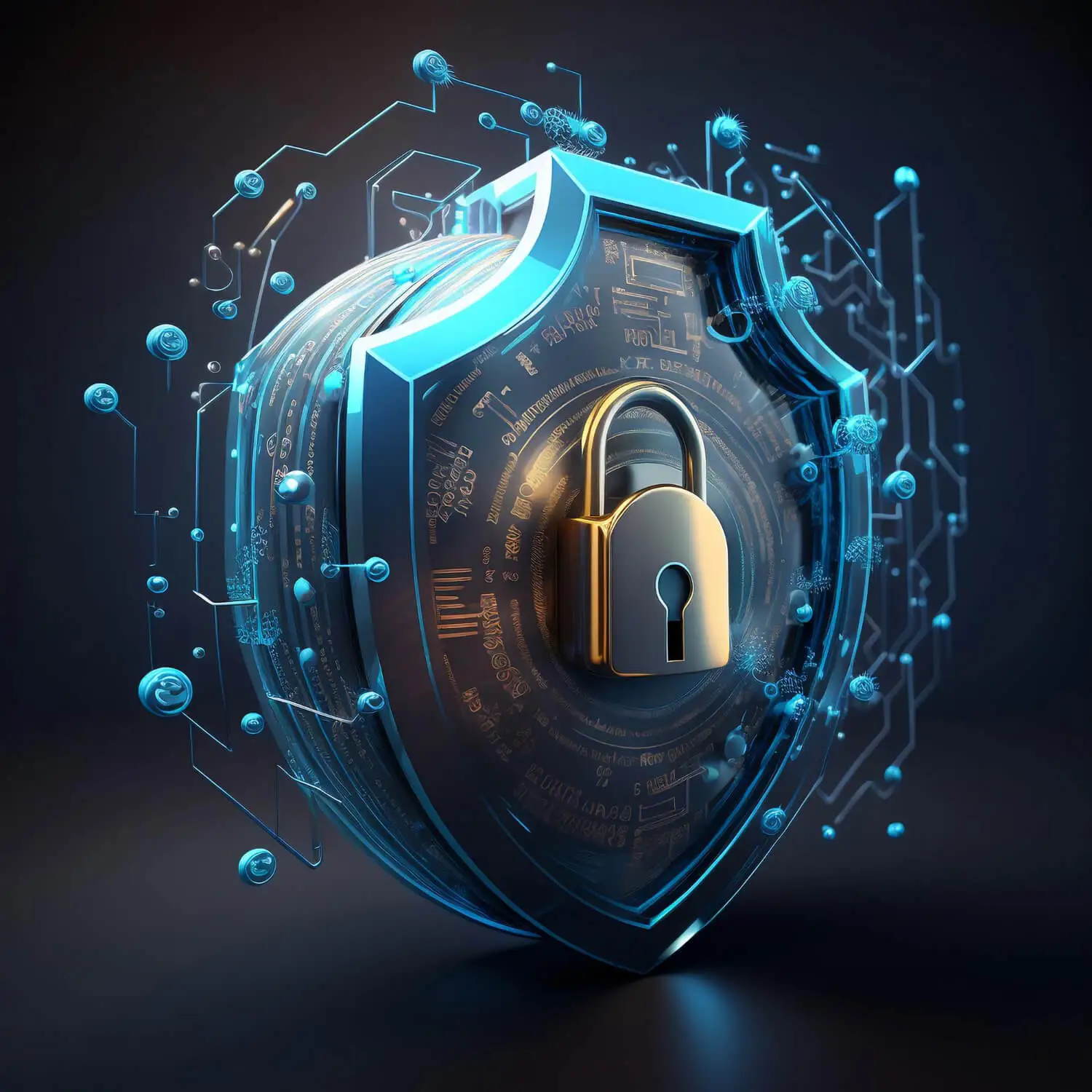 Metal padlock on glowing digital circuit board – data protection technology