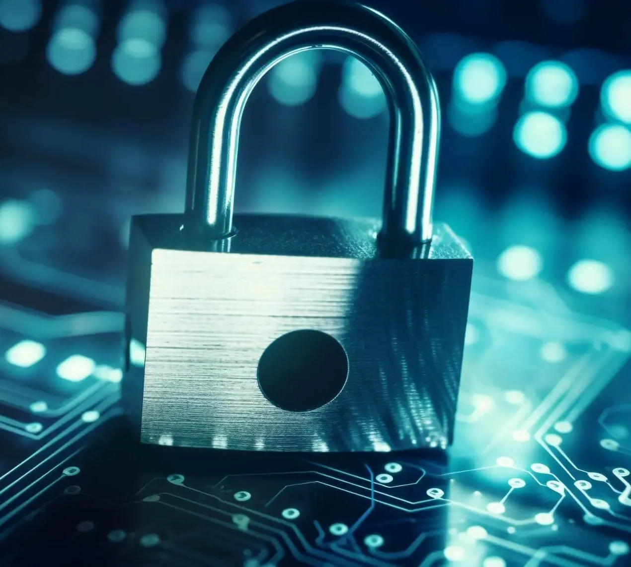 Metal padlock on glowing digital circuit board – data protection technology
