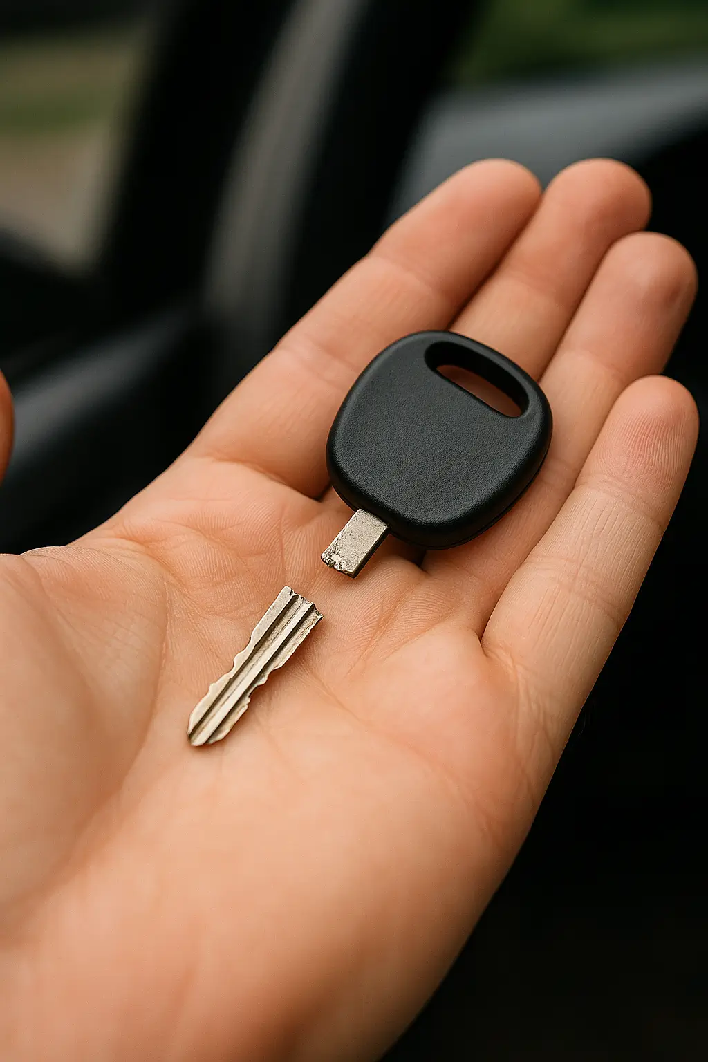 Broken car key blade in a hand – key snapped off in ignition or door lock