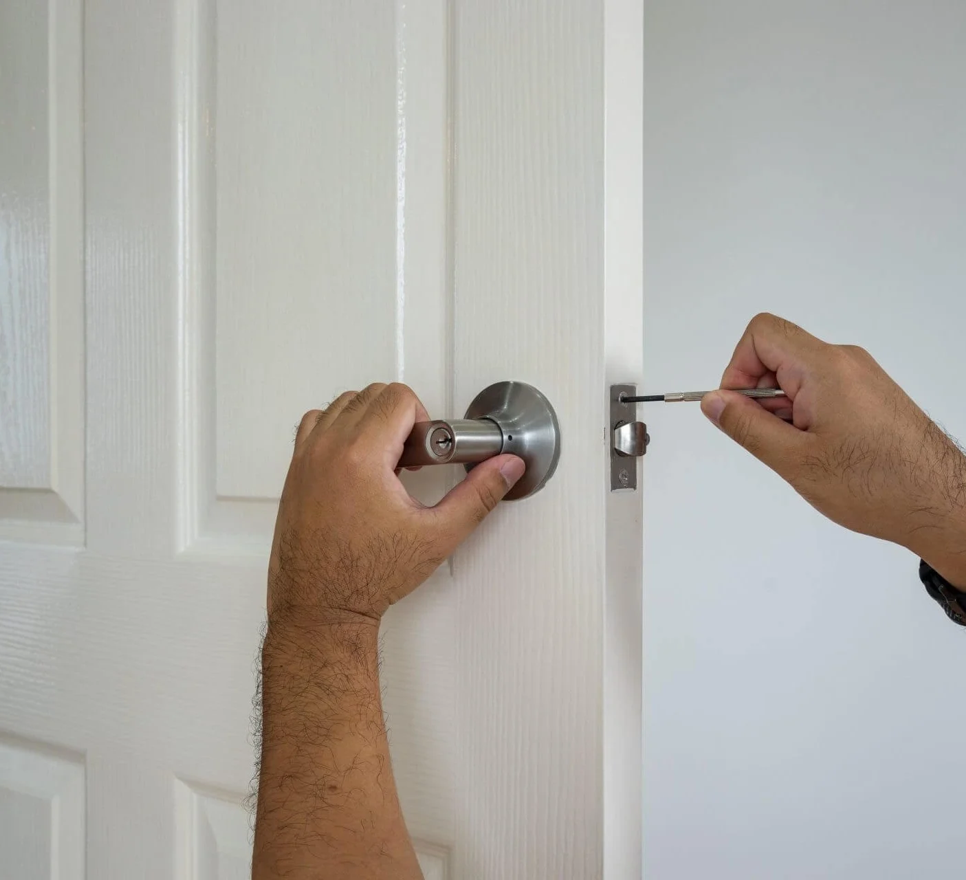 Close-up of a person installing a silver door knob and latch lock on a white interior door