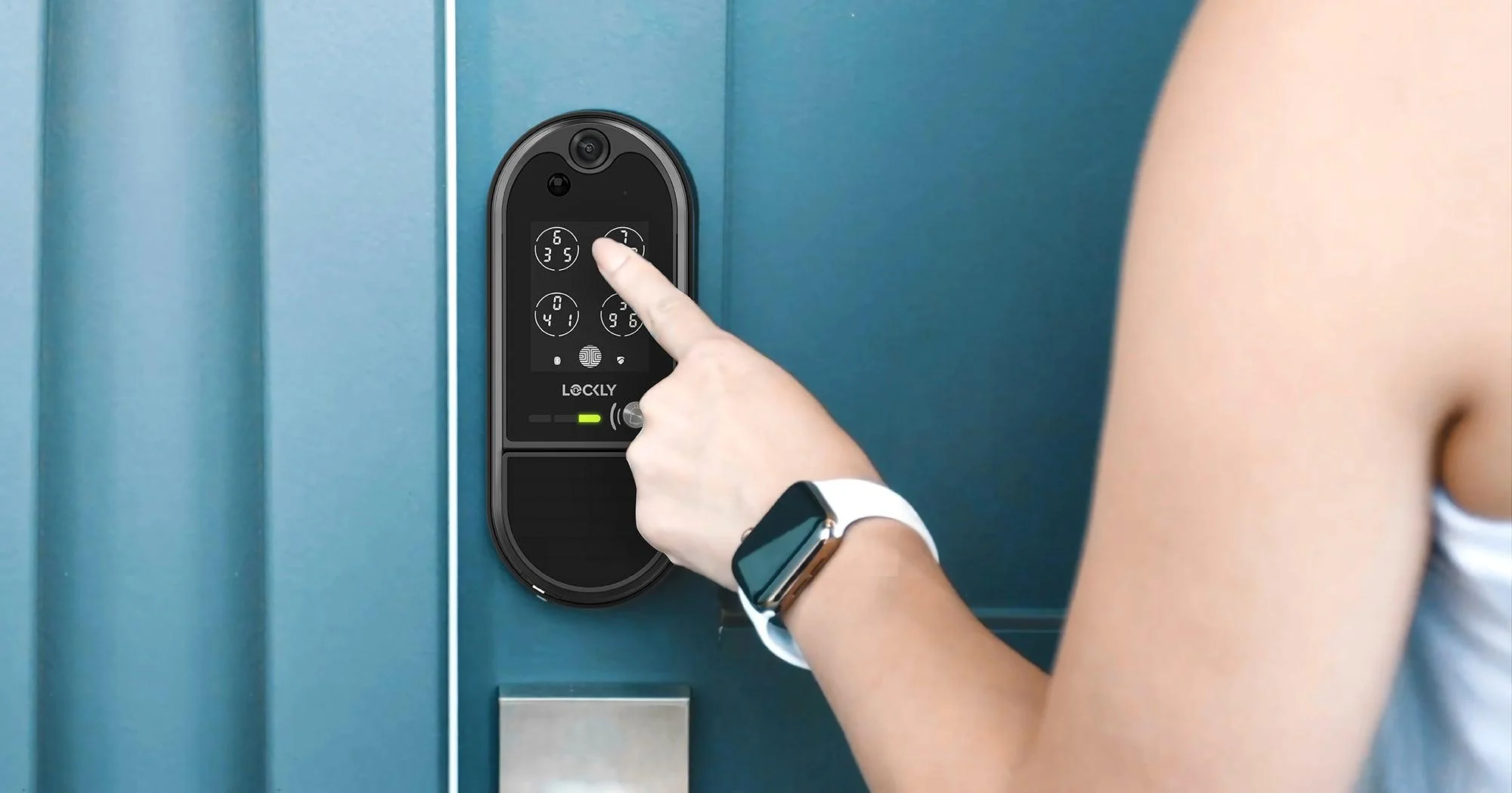 Woman entering pin code on Lockly touchscreen smart lock for keyless door access